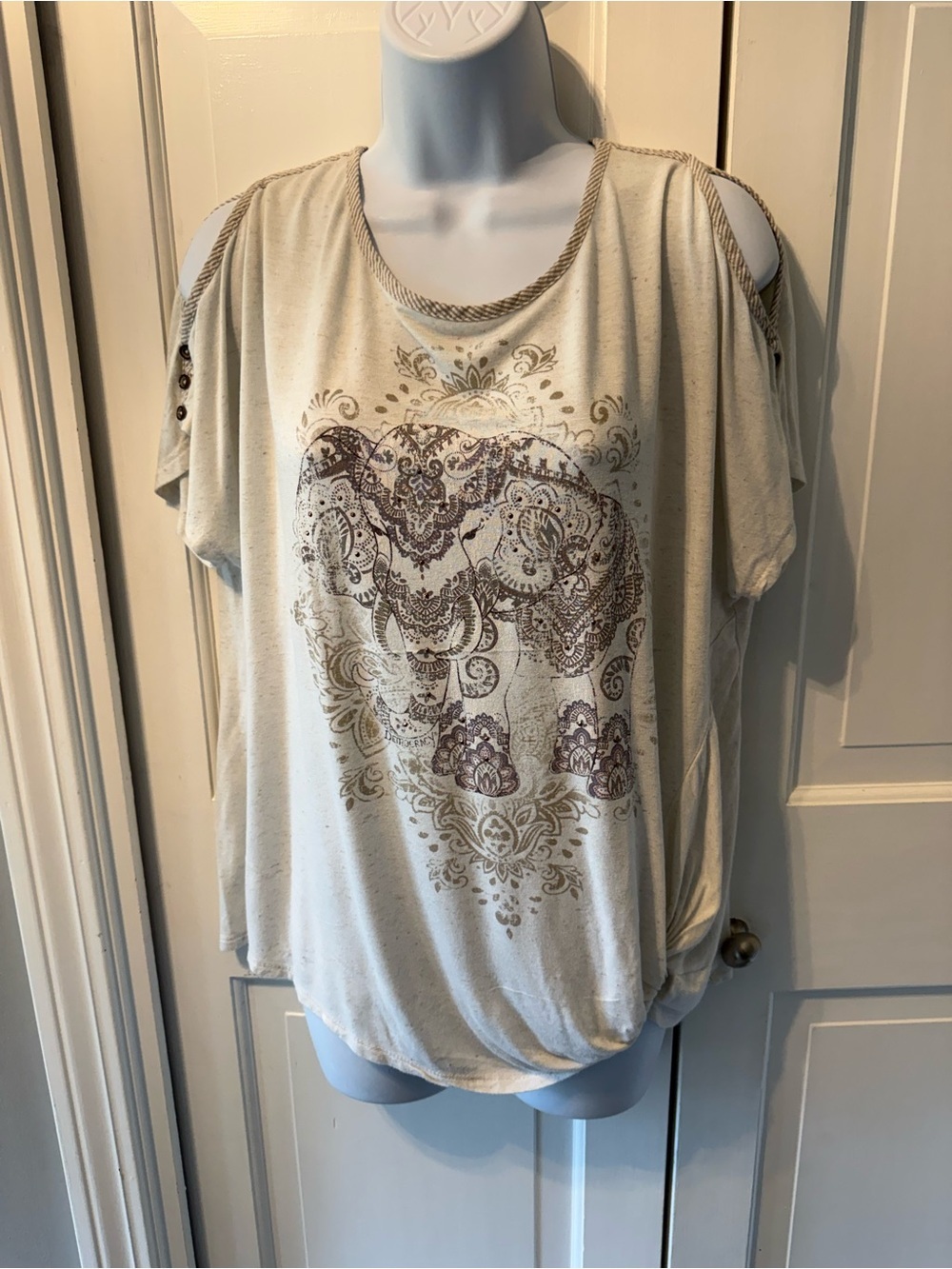 Democracy Bohemian Cold-Shoulder Elephant Print Tee